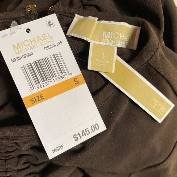 MICHAEL KORS $145 Brown Ruched Long Sleeve Midi‎ Dress With V-Neckline SM NWT - Picture 12 of 12